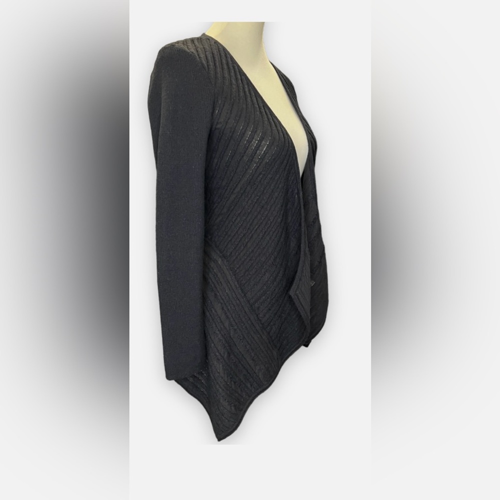 EILEEN FISHER Black Felt Ladder Italian Asymmetrical Hem Wool Cardigan, Sz L - Picture 5 of 14